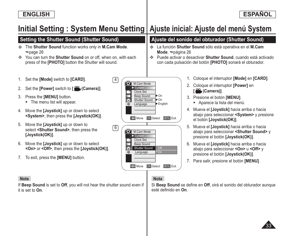 Initial setting : system menu setting, Ajuste inicial: ajuste del menú system, English | Español, Setting the shutter sound (shutter sound), Ajuste del sonido del obturador (shutter sound) | Samsung SC-DC164-XAA User Manual | Page 33 / 128