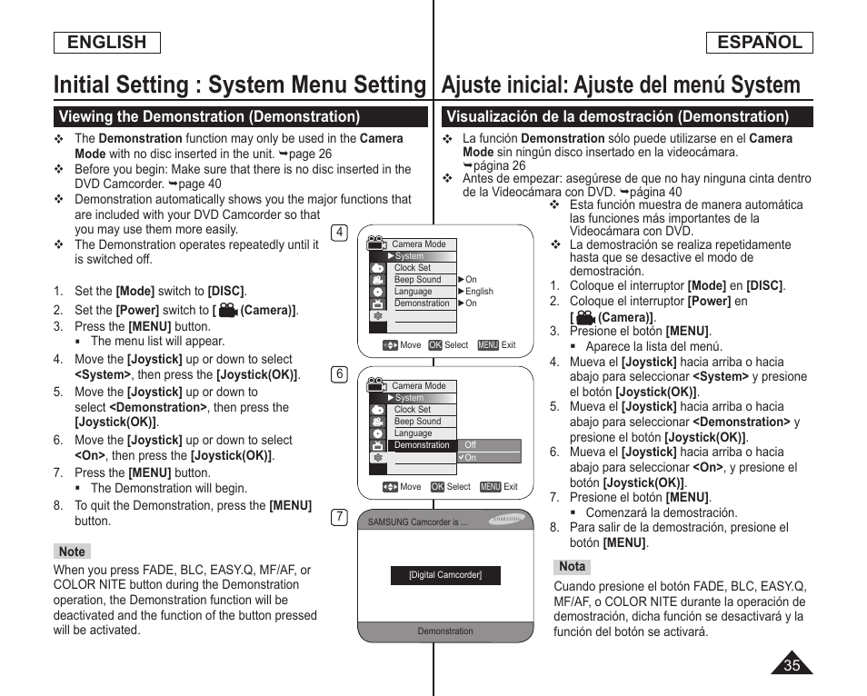 Initial setting : system menu setting, Ajuste inicial: ajuste del menú system, English | Español, Viewing the demonstration (demonstration), Visualización de la demostración (demonstration) | Samsung SC-DC164-XAA User Manual | Page 35 / 128