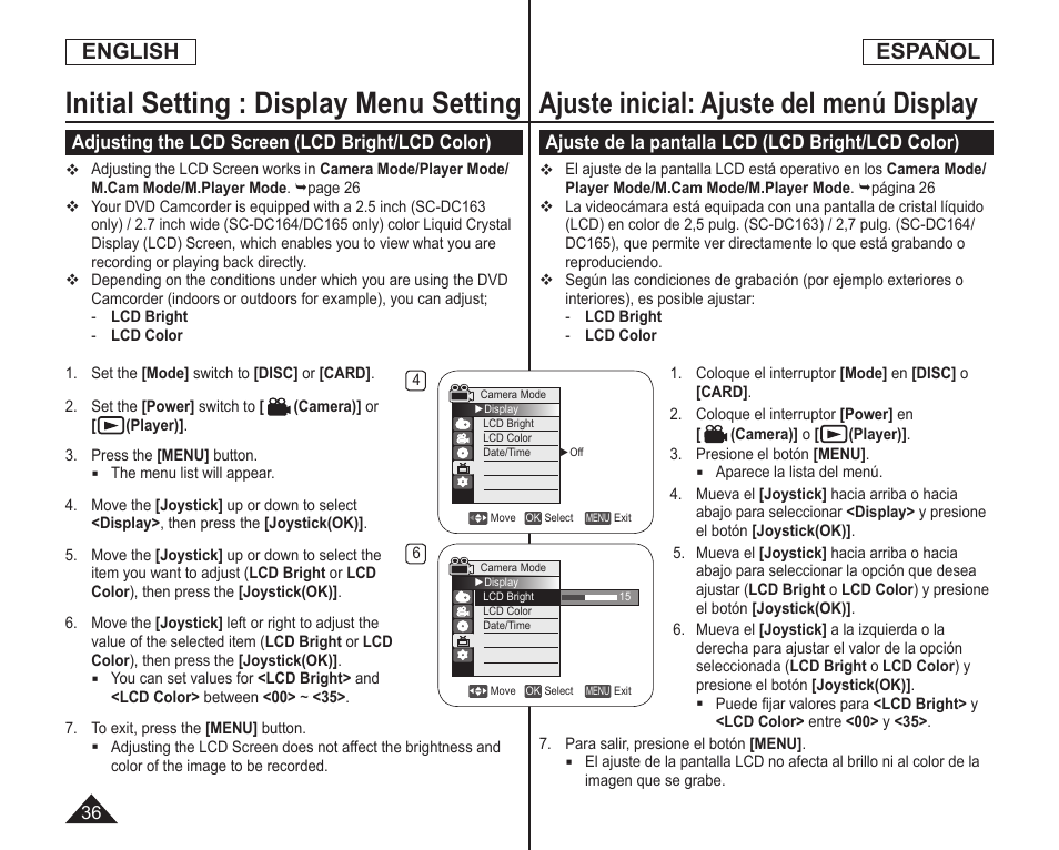 Initial setting : display menu setting, Ajuste inicial: ajuste del menú display, English | Español | Samsung SC-DC164-XAA User Manual | Page 36 / 128