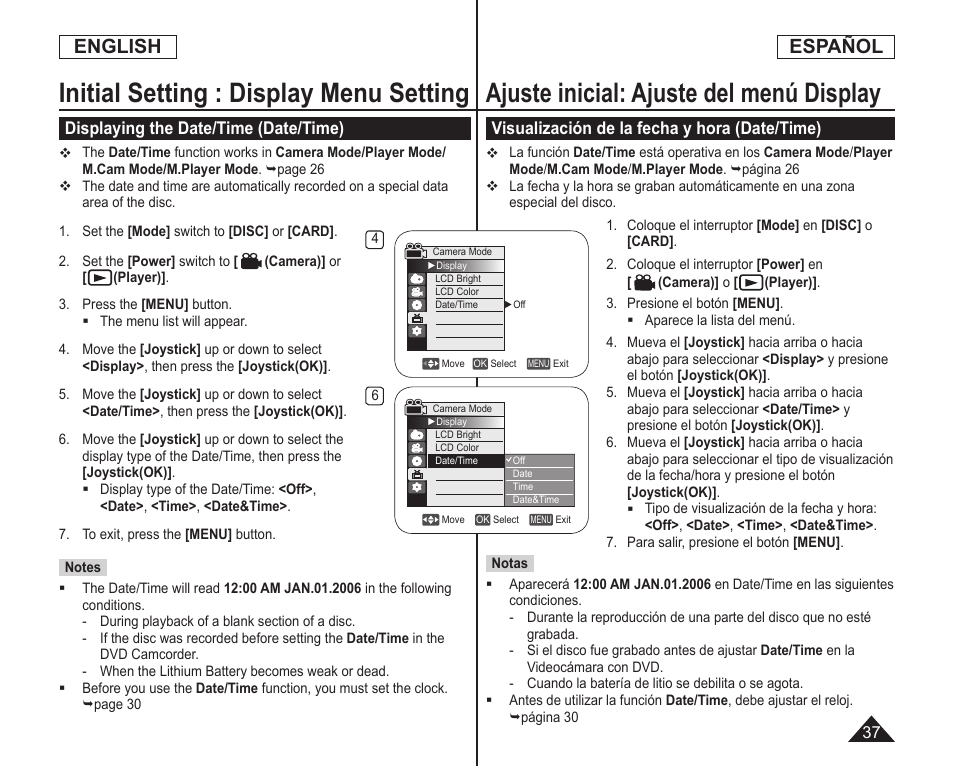 Initial setting : display menu setting, Ajuste inicial: ajuste del menú display, English | Español | Samsung SC-DC164-XAA User Manual | Page 37 / 128