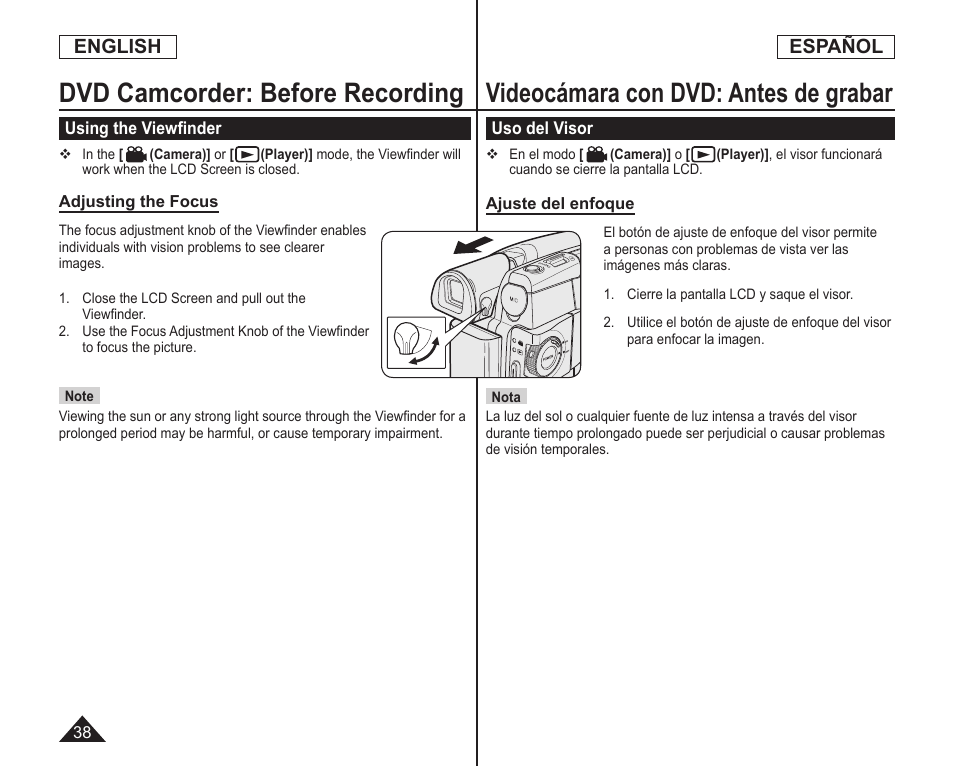 Dvd camcorder: before recording, Videocámara con dvd: antes de grabar, English | Español | Samsung SC-DC164-XAA User Manual | Page 38 / 128