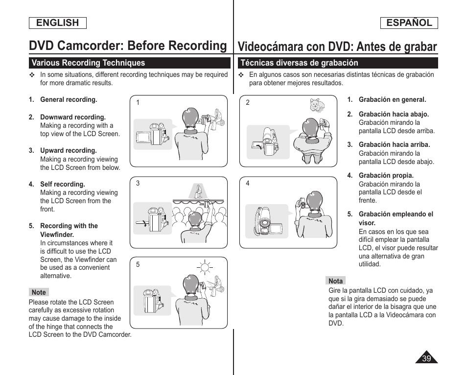 Dvd camcorder: before recording, Videocámara con dvd: antes de grabar, English | Español | Samsung SC-DC164-XAA User Manual | Page 39 / 128