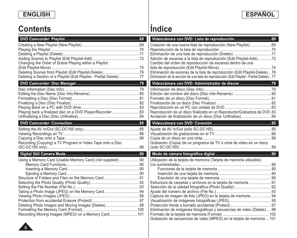 Contents índice, English, Español | Samsung SC-DC164-XAA User Manual | Page 4 / 128