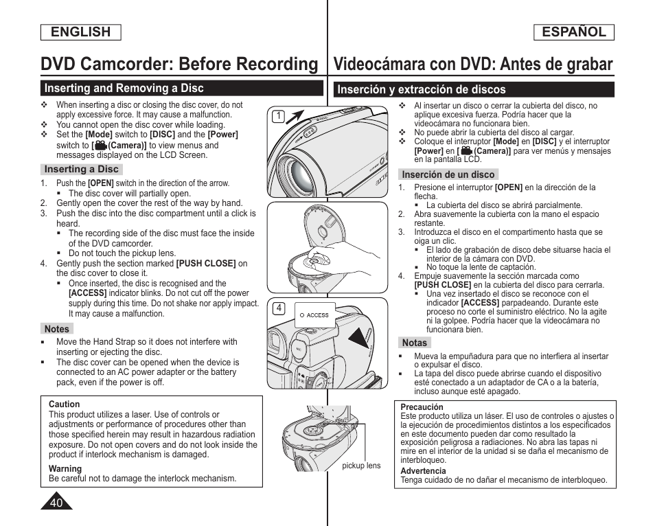 Dvd camcorder: before recording, Videocámara con dvd: antes de grabar, English | Español, Inserting and removing a disc, Inserción y extracción de discos | Samsung SC-DC164-XAA User Manual | Page 40 / 128