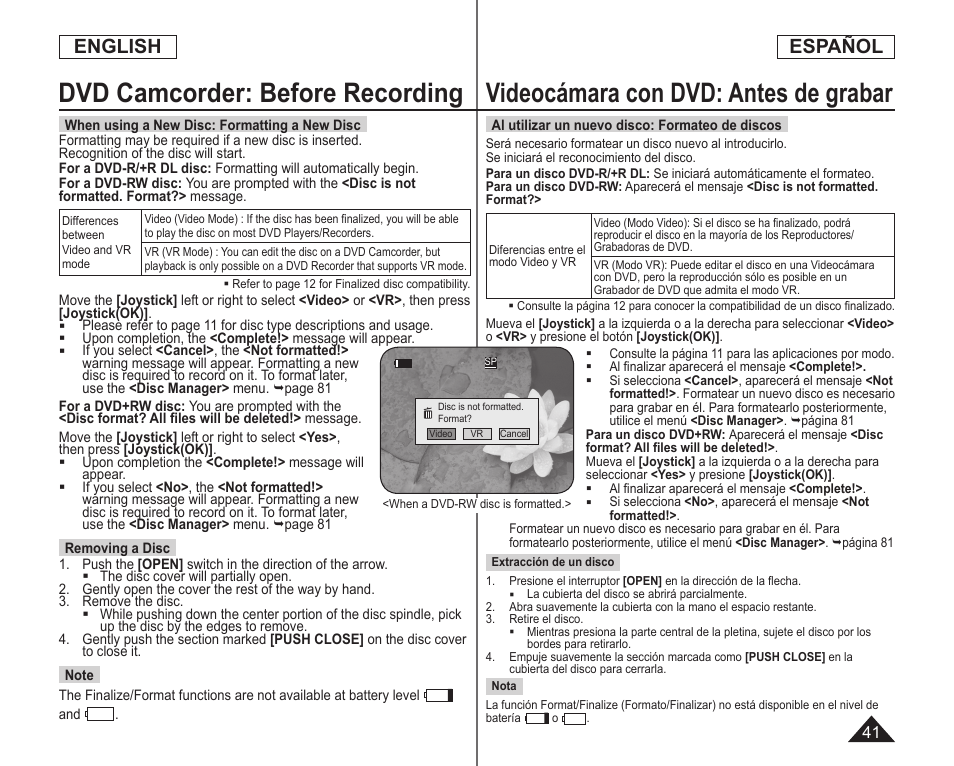 Dvd camcorder: before recording, Videocámara con dvd: antes de grabar, English | Español | Samsung SC-DC164-XAA User Manual | Page 41 / 128