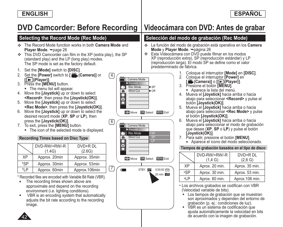 Dvd camcorder: before recording, Videocámara con dvd: antes de grabar, English | Español, Selecting the record mode (rec mode), Selección del modo de grabación (rec mode) | Samsung SC-DC164-XAA User Manual | Page 42 / 128