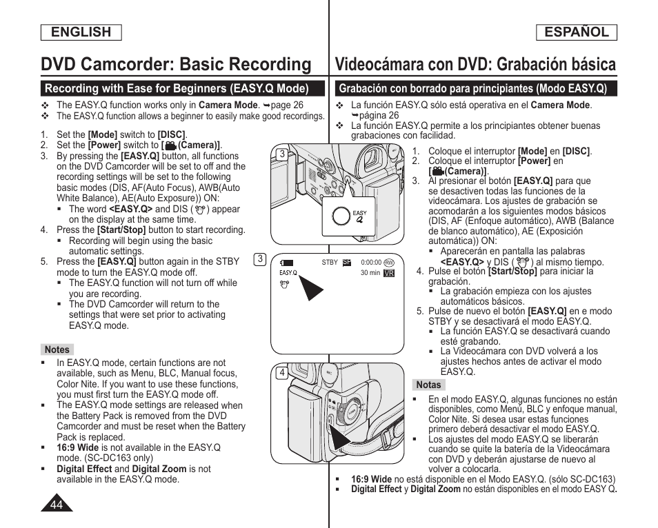 Dvd camcorder: basic recording, Videocámara con dvd: grabación básica, English | Español | Samsung SC-DC164-XAA User Manual | Page 44 / 128