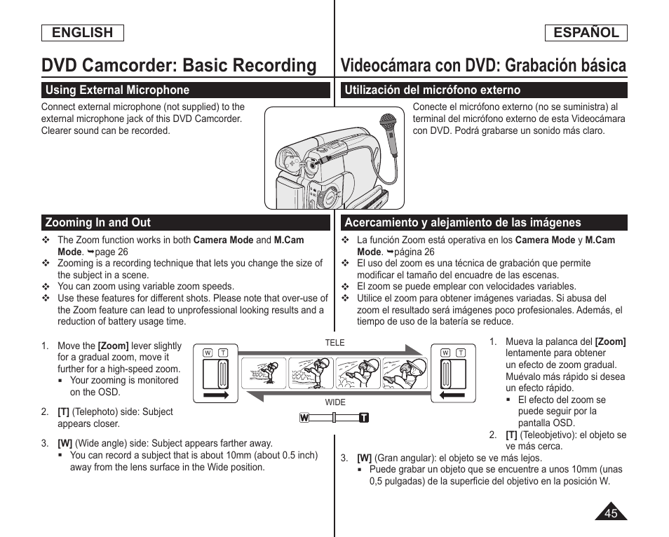 Dvd camcorder: basic recording, Videocámara con dvd: grabación básica, English | Español | Samsung SC-DC164-XAA User Manual | Page 45 / 128