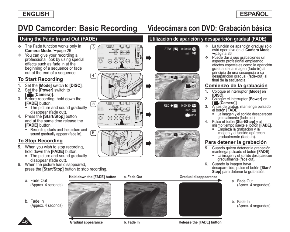 Dvd camcorder: basic recording, Videocámara con dvd: grabación básica, English | Español, Using the fade in and out (fade) | Samsung SC-DC164-XAA User Manual | Page 46 / 128