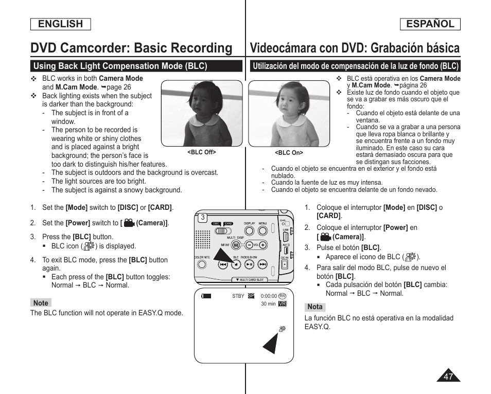 Dvd camcorder: basic recording, Videocámara con dvd: grabación básica, English | Español | Samsung SC-DC164-XAA User Manual | Page 47 / 128