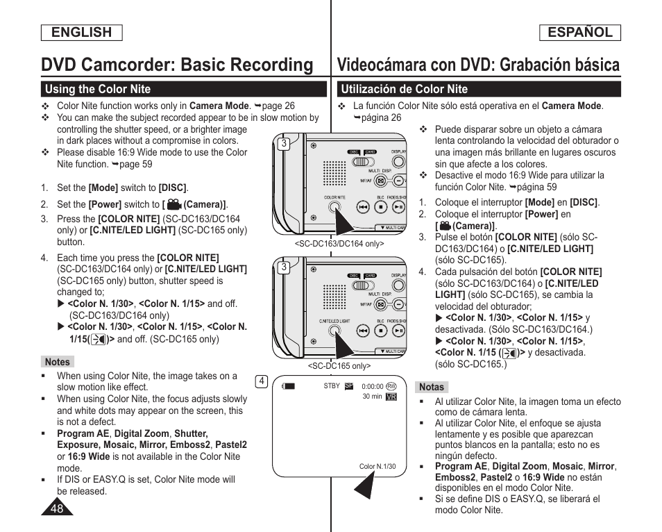 Dvd camcorder: basic recording, Videocámara con dvd: grabación básica, English | Español | Samsung SC-DC164-XAA User Manual | Page 48 / 128