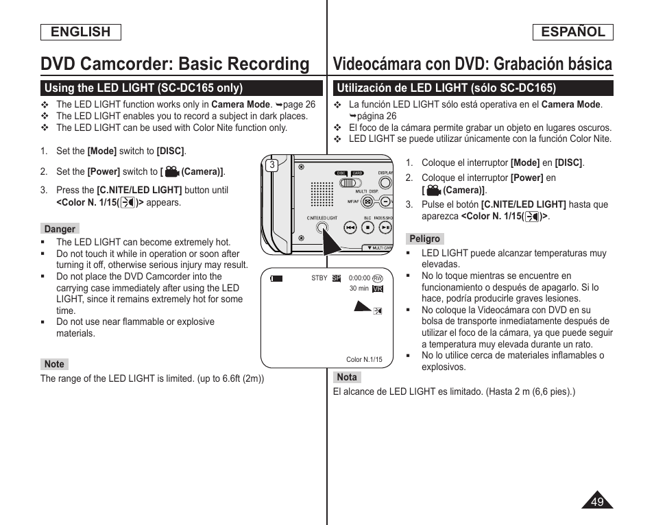 Dvd camcorder: basic recording, Videocámara con dvd: grabación básica, English | Español | Samsung SC-DC164-XAA User Manual | Page 49 / 128