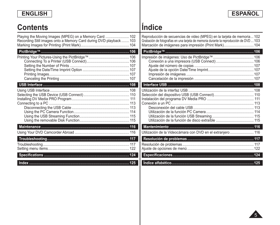 Contents índice, English, Español | Samsung SC-DC164-XAA User Manual | Page 5 / 128