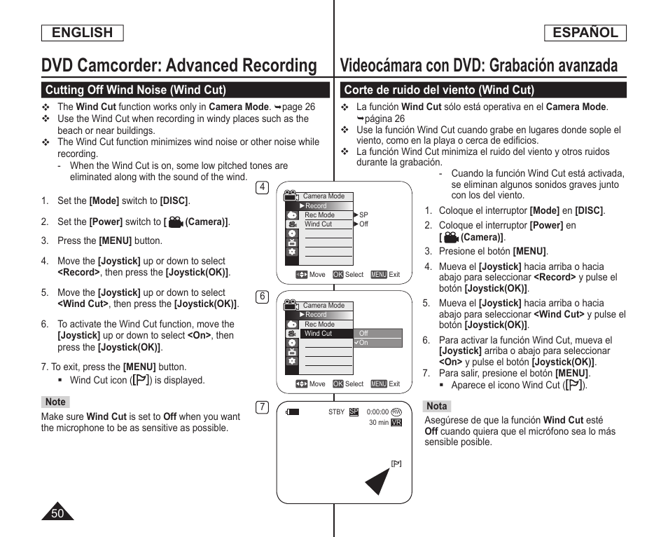 Dvd camcorder: advanced recording, Videocámara con dvd: grabación avanzada, English | Español, Cutting off wind noise (wind cut), Corte de ruido del viento (wind cut) | Samsung SC-DC164-XAA User Manual | Page 50 / 128