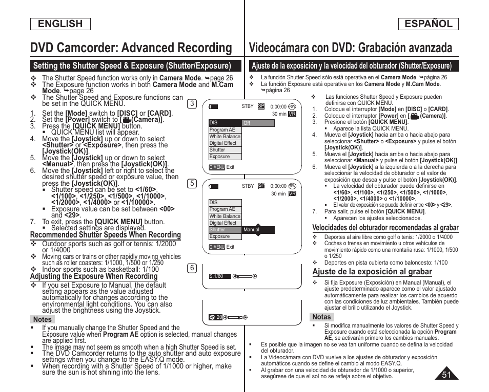 Dvd camcorder: advanced recording, Videocámara con dvd: grabación avanzada, English | Español, Recommended shutter speeds when recording, Adjusting the exposure when recording, Velocidades del obturador recomendadas al grabar, Ajuste de la exposición al grabar | Samsung SC-DC164-XAA User Manual | Page 51 / 128