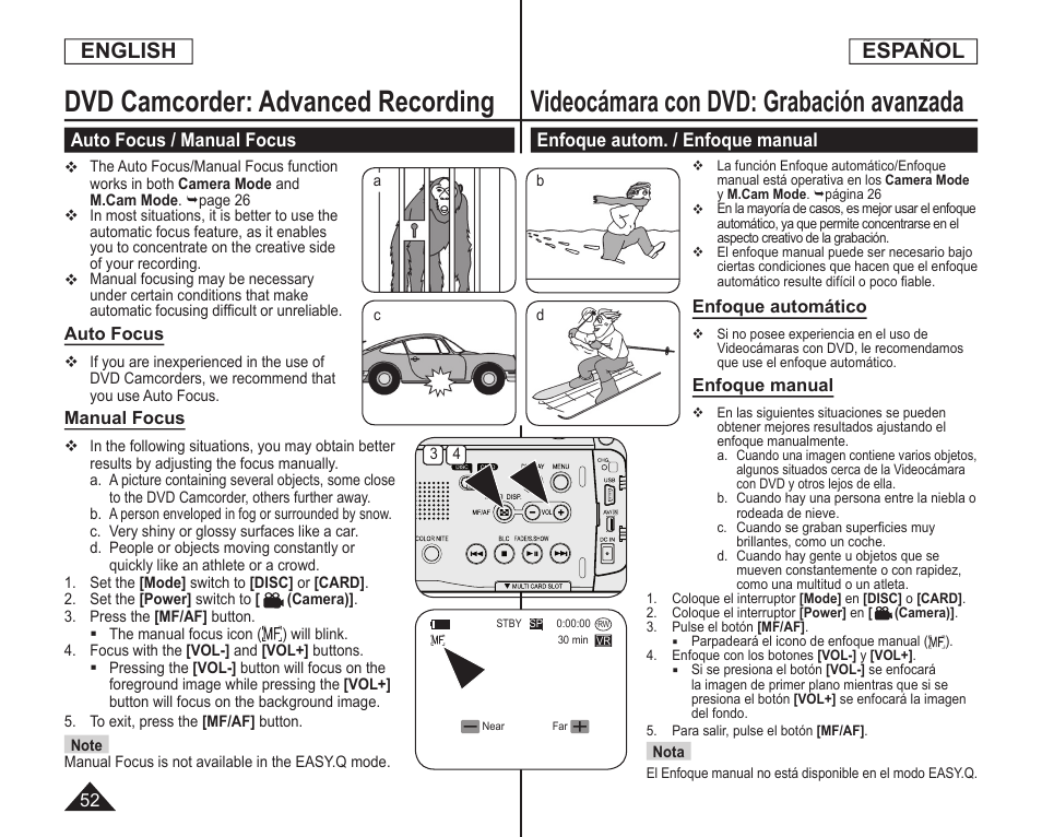 Dvd camcorder: advanced recording, Videocámara con dvd: grabación avanzada, English | Español | Samsung SC-DC164-XAA User Manual | Page 52 / 128