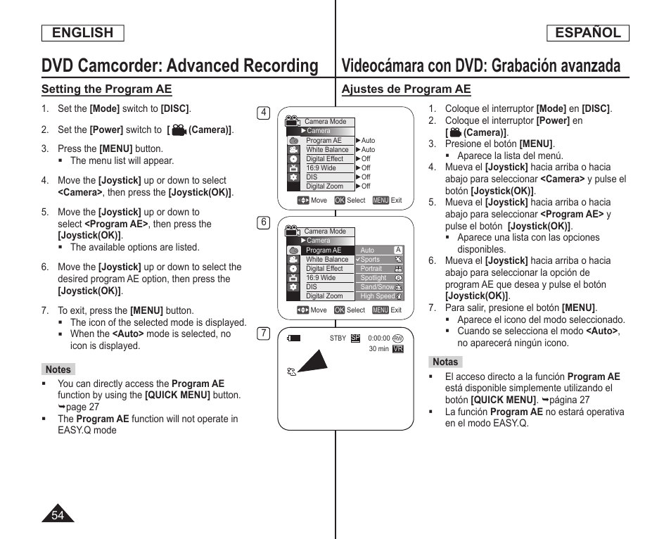 Dvd camcorder: advanced recording, Videocámara con dvd: grabación avanzada, English | Español | Samsung SC-DC164-XAA User Manual | Page 54 / 128