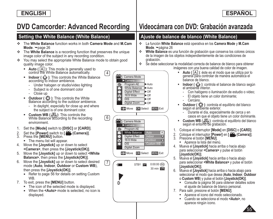 Dvd camcorder: advanced recording, Videocámara con dvd: grabación avanzada, English | Español, Setting the white balance (white balance), Ajuste de balance de blanco (white balance) | Samsung SC-DC164-XAA User Manual | Page 55 / 128