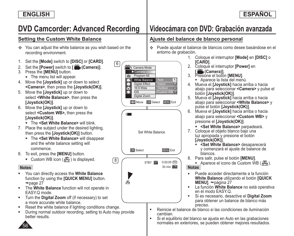 Dvd camcorder: advanced recording, Videocámara con dvd: grabación avanzada, English | Español | Samsung SC-DC164-XAA User Manual | Page 56 / 128