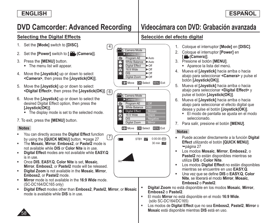 Dvd camcorder: advanced recording, Videocámara con dvd: grabación avanzada, English | Español | Samsung SC-DC164-XAA User Manual | Page 58 / 128