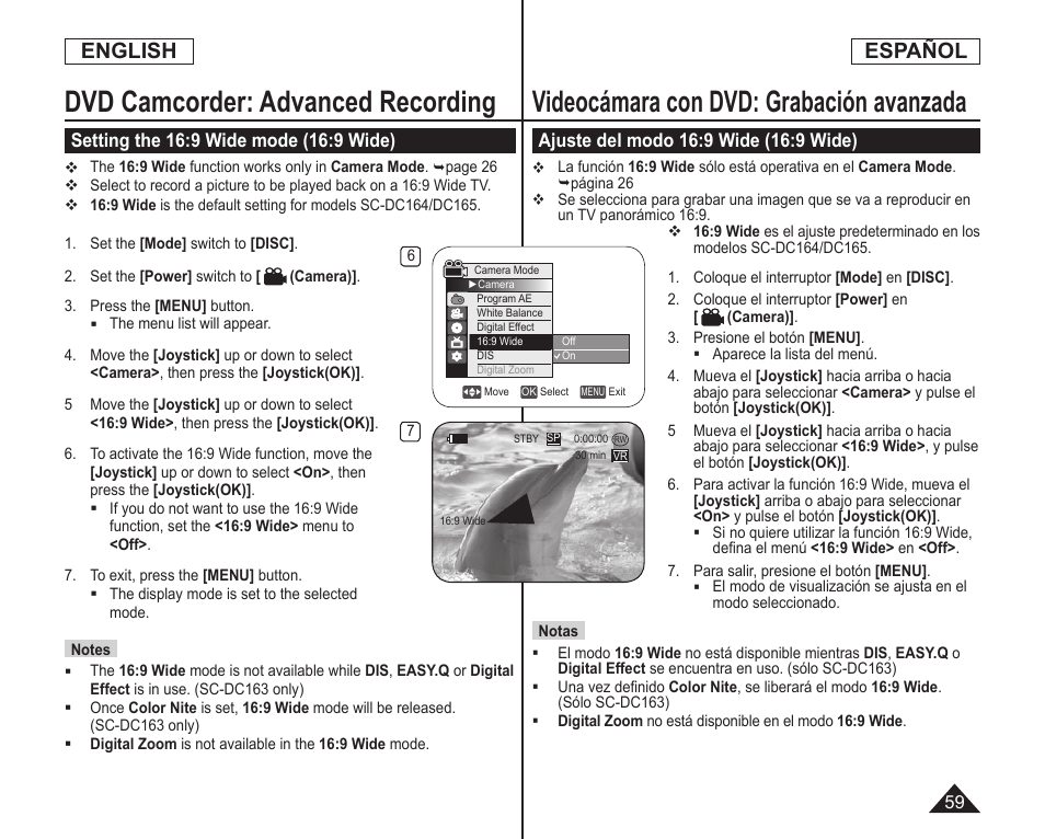 Dvd camcorder: advanced recording, Videocámara con dvd: grabación avanzada, English | Español | Samsung SC-DC164-XAA User Manual | Page 59 / 128