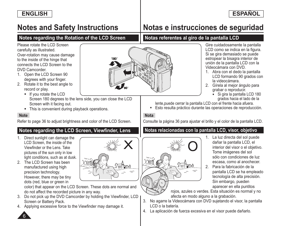 Notas e instrucciones de seguridad, English, Español | Samsung SC-DC164-XAA User Manual | Page 6 / 128