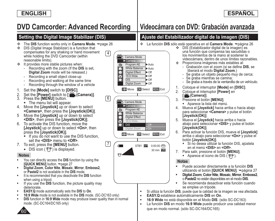 Dvd camcorder: advanced recording, Videocámara con dvd: grabación avanzada, English | Español, Setting the digital image stabilizer (dis) | Samsung SC-DC164-XAA User Manual | Page 60 / 128