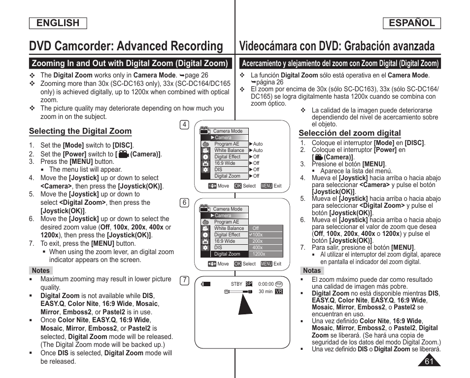 Dvd camcorder: advanced recording, Videocámara con dvd: grabación avanzada, English | Español | Samsung SC-DC164-XAA User Manual | Page 61 / 128