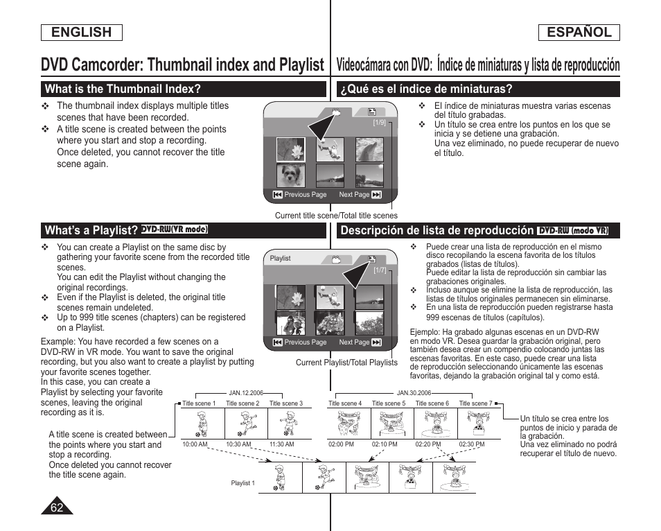 Dvd camcorder: thumbnail index and playlist, English, Español | What is the thumbnail index, What’s a playlist, Qué es el índice de miniaturas, Descripción de lista de reproducción | Samsung SC-DC164-XAA User Manual | Page 62 / 128