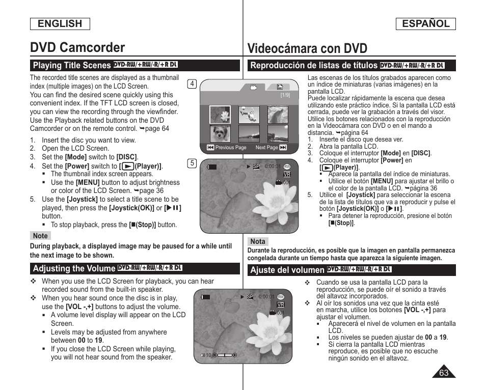 Dvd camcorder, Videocámara con dvd, English | Español | Samsung SC-DC164-XAA User Manual | Page 63 / 128