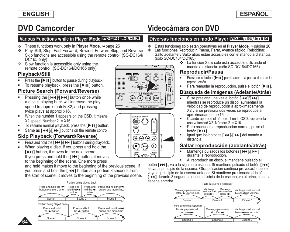 Dvd camcorder, Videocámara con dvd, English | Español, Various functions while in player mode, Diversas funciones en modo player, Playback/still, Picture search (forward/reverse), Skip playback (forward/reverse), Reproducir/pausa | Samsung SC-DC164-XAA User Manual | Page 64 / 128