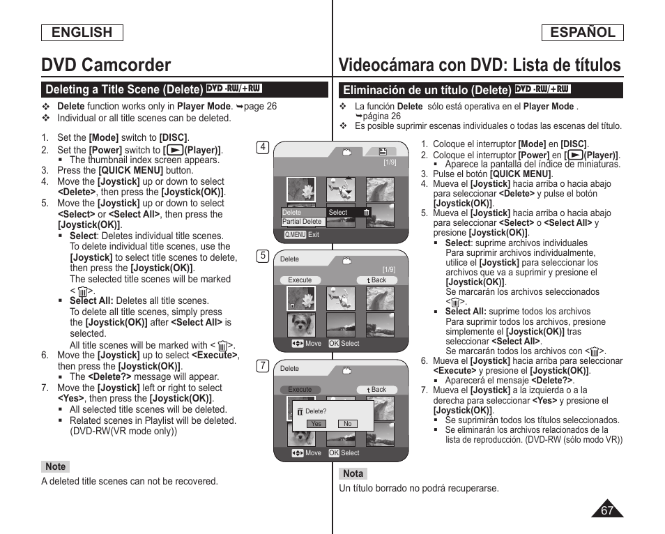 English, Español, Deleting a title scene (delete) | Eliminación de un título (delete) | Samsung SC-DC164-XAA User Manual | Page 67 / 128