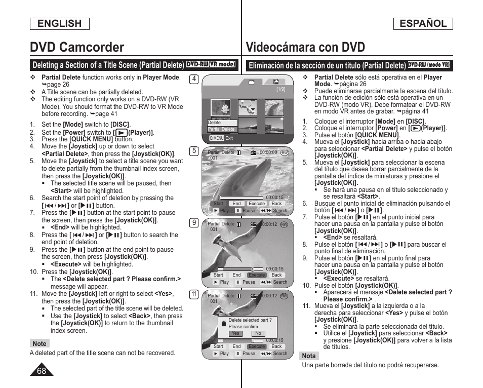 Dvd camcorder, Videocámara con dvd, English | Español | Samsung SC-DC164-XAA User Manual | Page 68 / 128