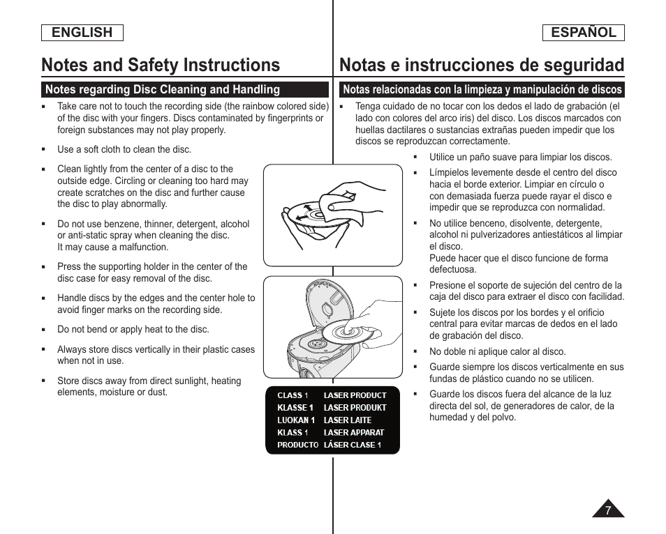 Notas e instrucciones de seguridad, English, Español | Samsung SC-DC164-XAA User Manual | Page 7 / 128