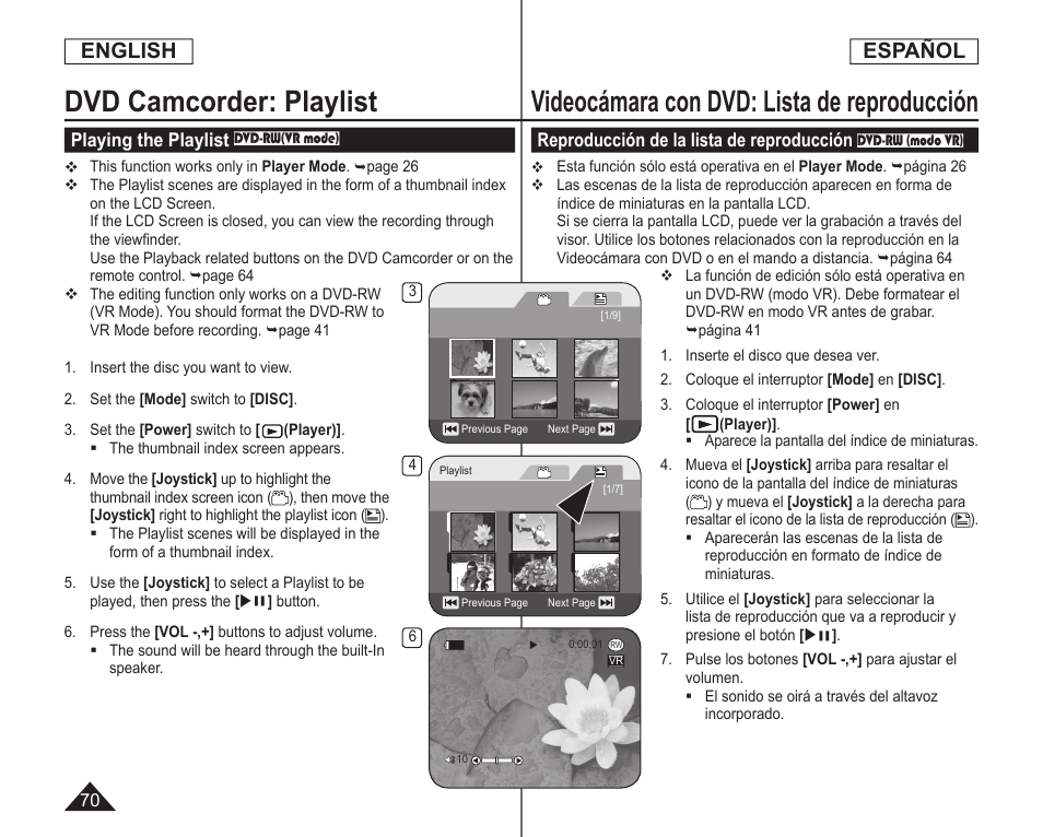 Dvd camcorder: playlist, Videocámara con dvd: lista de reproducción, English | Español | Samsung SC-DC164-XAA User Manual | Page 70 / 128