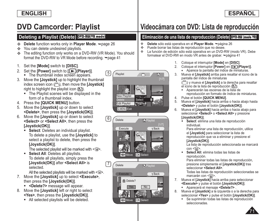 English, Español, Deleting a playlist (delete) | Eliminación de una lista de reproducción (delete) | Samsung SC-DC164-XAA User Manual | Page 71 / 128