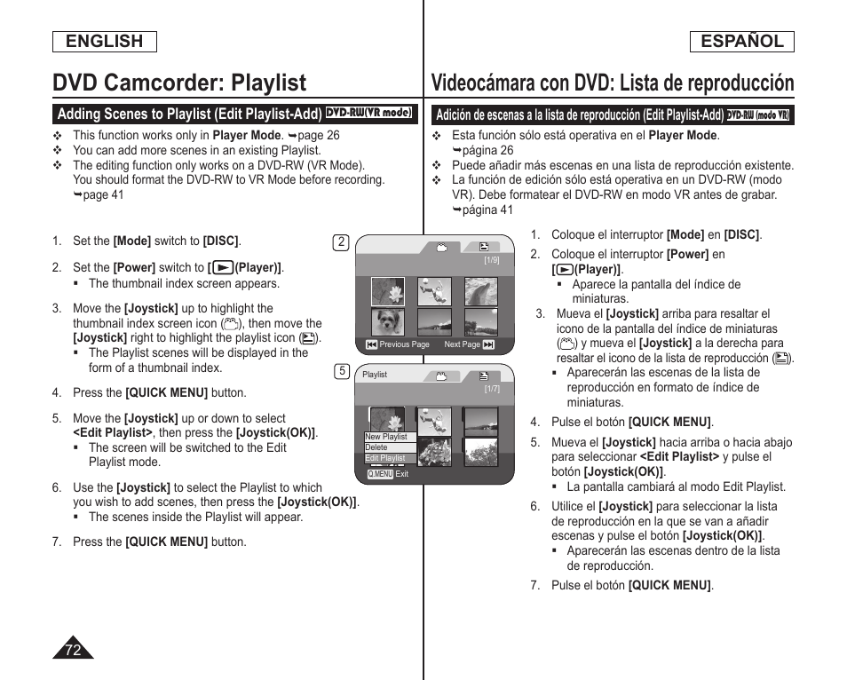 Dvd camcorder: playlist, Videocámara con dvd: lista de reproducción, English | Español | Samsung SC-DC164-XAA User Manual | Page 72 / 128