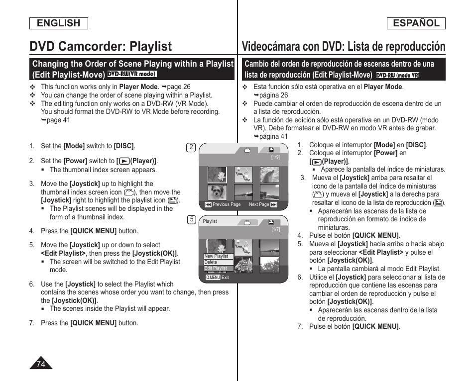 Dvd camcorder: playlist, Videocámara con dvd: lista de reproducción, English | Español | Samsung SC-DC164-XAA User Manual | Page 74 / 128