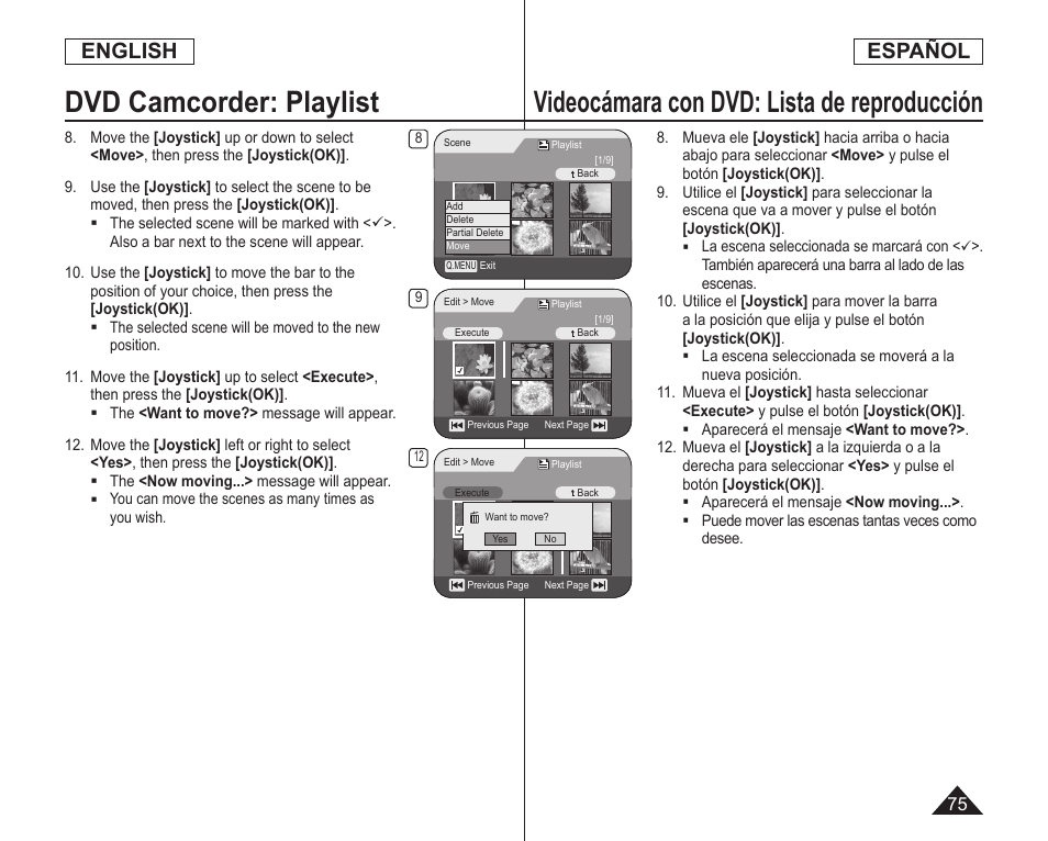 Dvd camcorder: playlist, Videocámara con dvd: lista de reproducción, English | Español | Samsung SC-DC164-XAA User Manual | Page 75 / 128