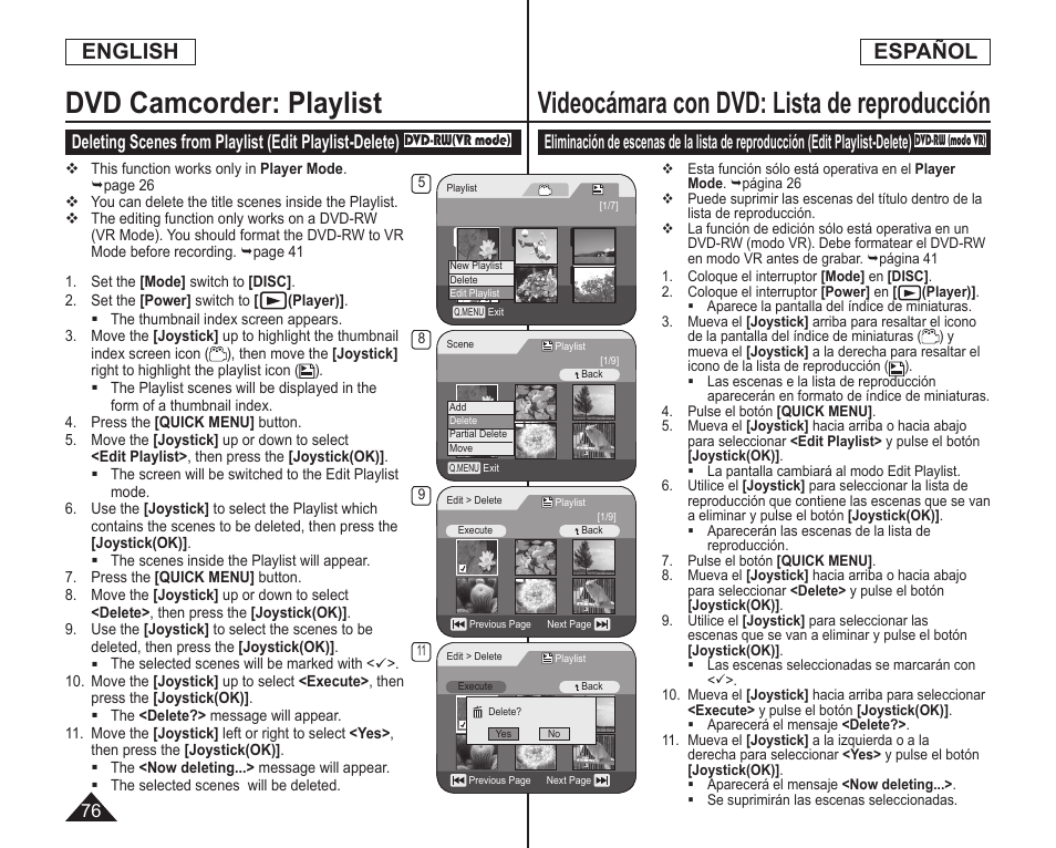 Dvd camcorder: playlist, Videocámara con dvd: lista de reproducción, English | Español | Samsung SC-DC164-XAA User Manual | Page 76 / 128