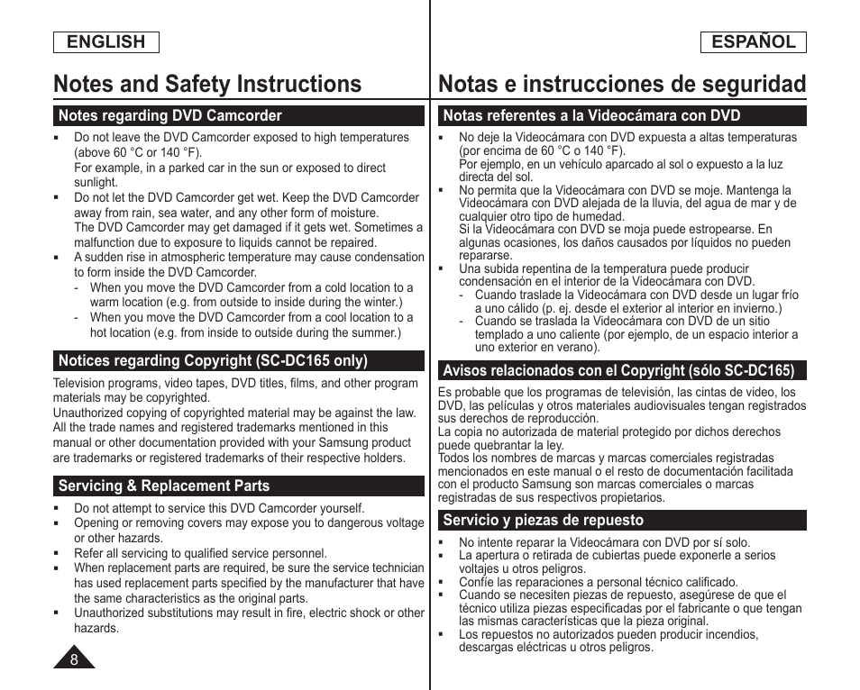 Notas e instrucciones de seguridad, English, Español | Samsung SC-DC164-XAA User Manual | Page 8 / 128