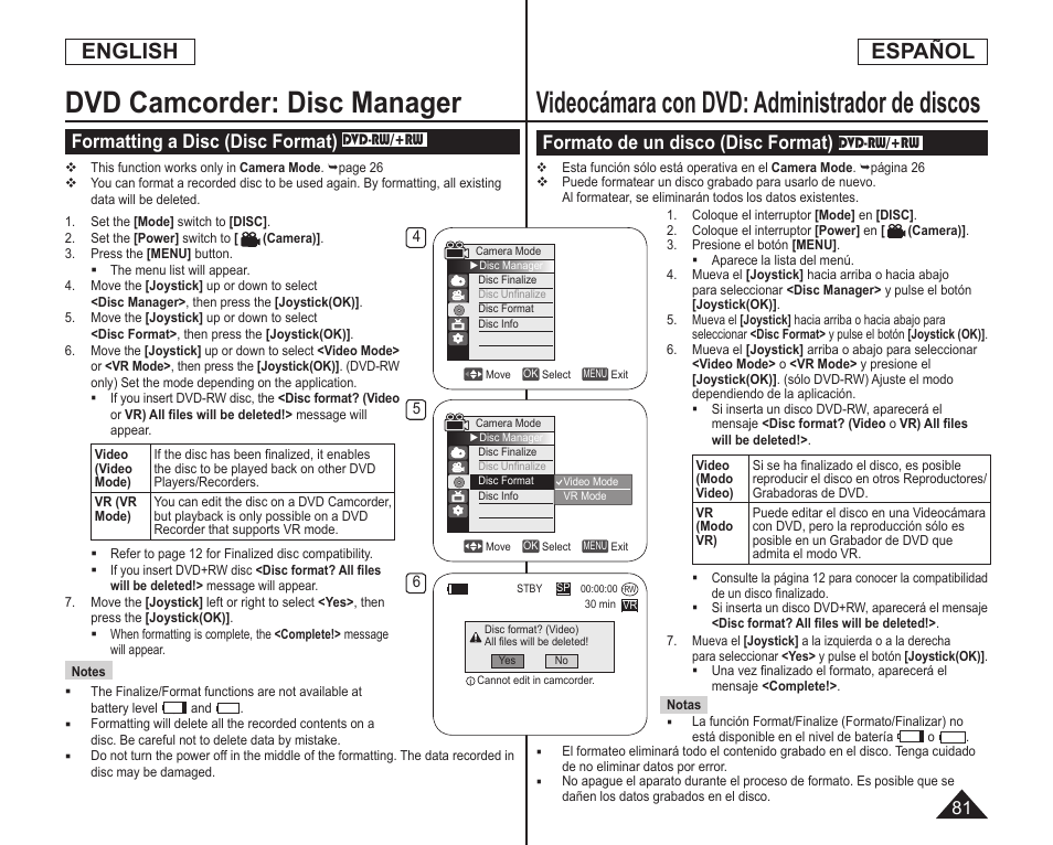 Dvd camcorder: disc manager, Videocámara con dvd: administrador de discos, English | Español, Formatting a disc (disc format), Formato de un disco (disc format) | Samsung SC-DC164-XAA User Manual | Page 81 / 128