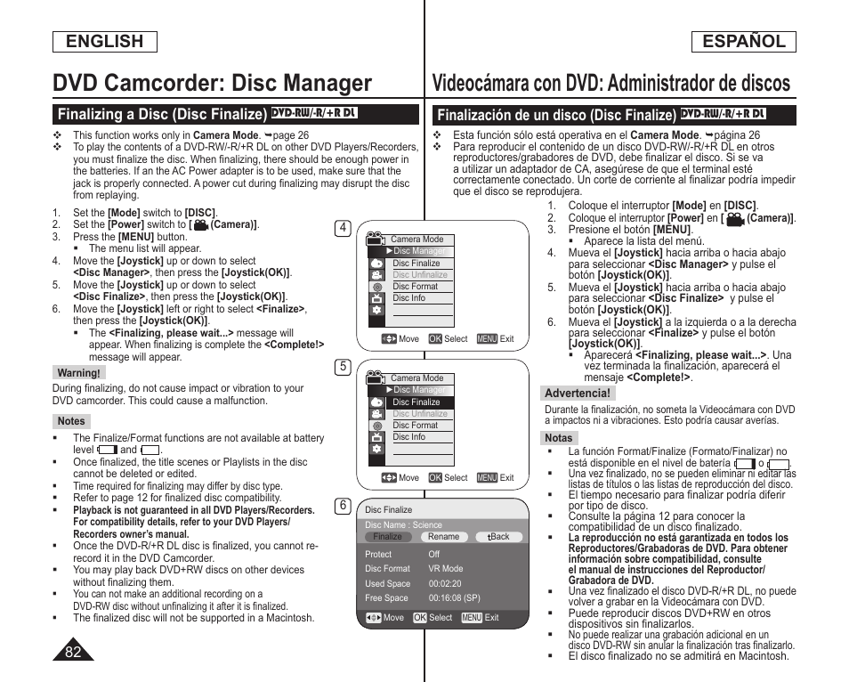 Dvd camcorder: disc manager, Videocámara con dvd: administrador de discos, English | Español, Finalizing a disc (disc finalize), Finalización de un disco (disc finalize) | Samsung SC-DC164-XAA User Manual | Page 82 / 128