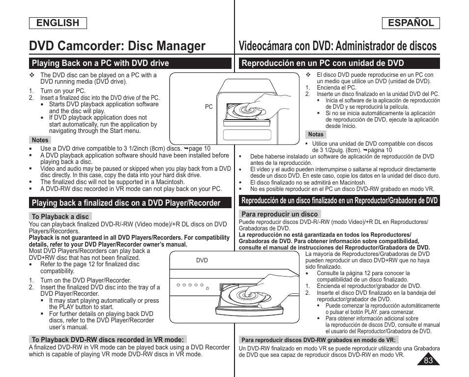 Dvd camcorder: disc manager, Videocámara con dvd: administrador de discos, English | Español, Playing back on a pc with dvd drive, Reproducción en un pc con unidad de dvd | Samsung SC-DC164-XAA User Manual | Page 83 / 128