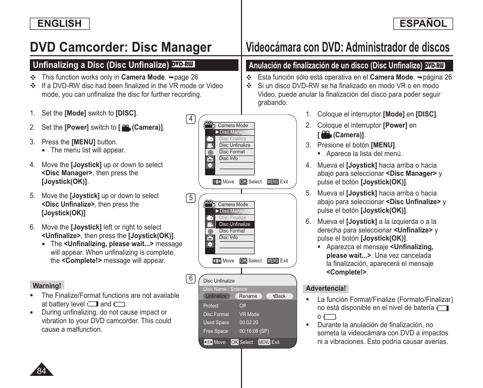 Dvd camcorder: disc manager, Videocámara con dvd: administrador de discos, English | Español, Unﬁnalizing a disc (disc unﬁnalize) | Samsung SC-DC164-XAA User Manual | Page 84 / 128