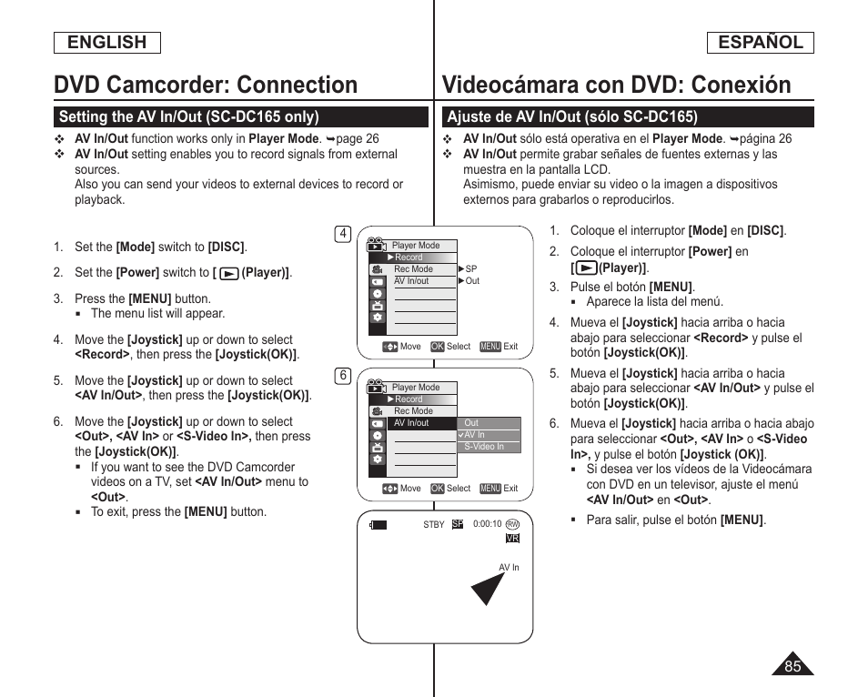 Dvd camcorder: connection, Videocámara con dvd: conexión, English | Español, Setting the av in/out (sc-dc165 only), Ajuste de av in/out (sólo sc-dc165) | Samsung SC-DC164-XAA User Manual | Page 85 / 128