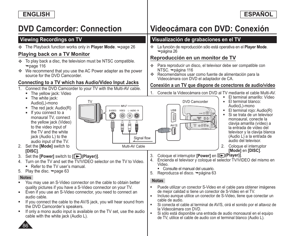 Dvd camcorder: connection, Videocámara con dvd: conexión, English | Español | Samsung SC-DC164-XAA User Manual | Page 86 / 128