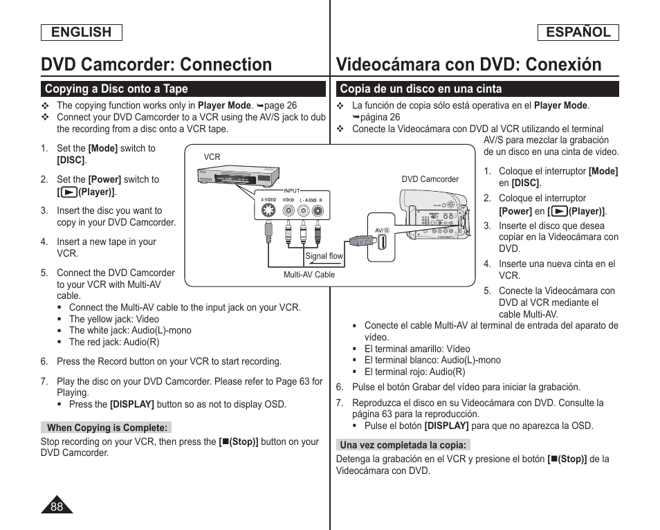 Dvd camcorder: connection, Videocámara con dvd: conexión, English | Español | Samsung SC-DC164-XAA User Manual | Page 88 / 128