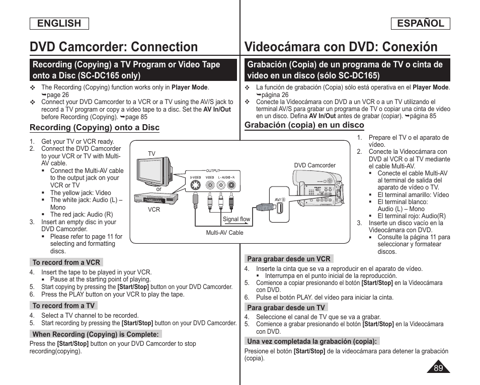 Dvd camcorder: connection, Videocámara con dvd: conexión, English | Español | Samsung SC-DC164-XAA User Manual | Page 89 / 128