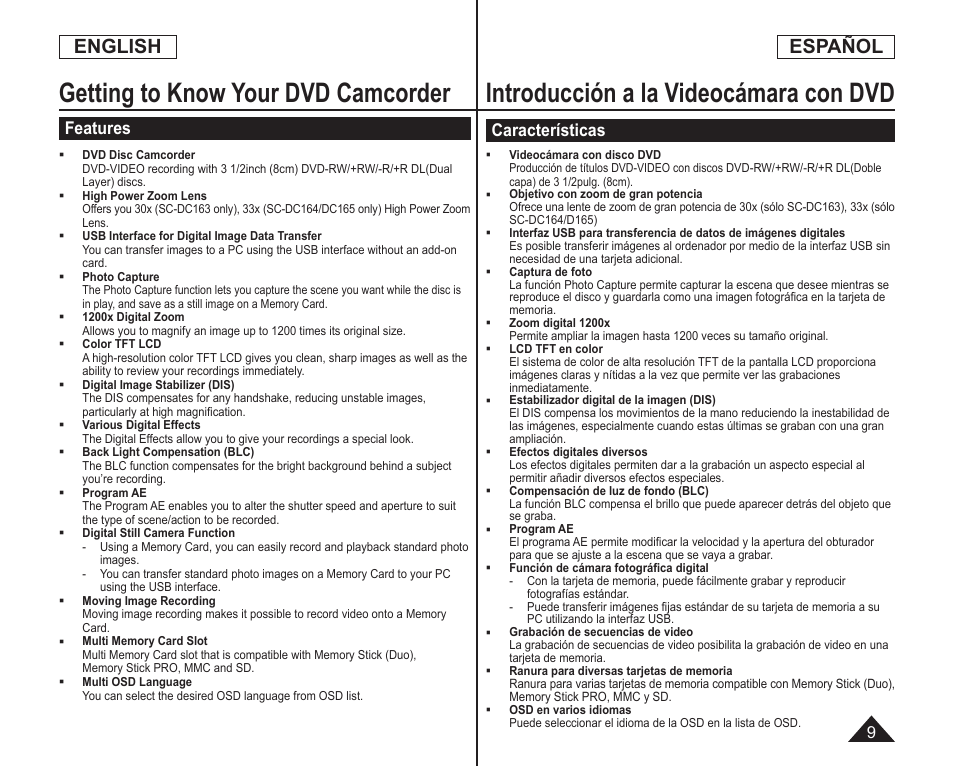 Getting to know your dvd camcorder, Introducción a la videocámara con dvd, English | Español, Features, Características | Samsung SC-DC164-XAA User Manual | Page 9 / 128